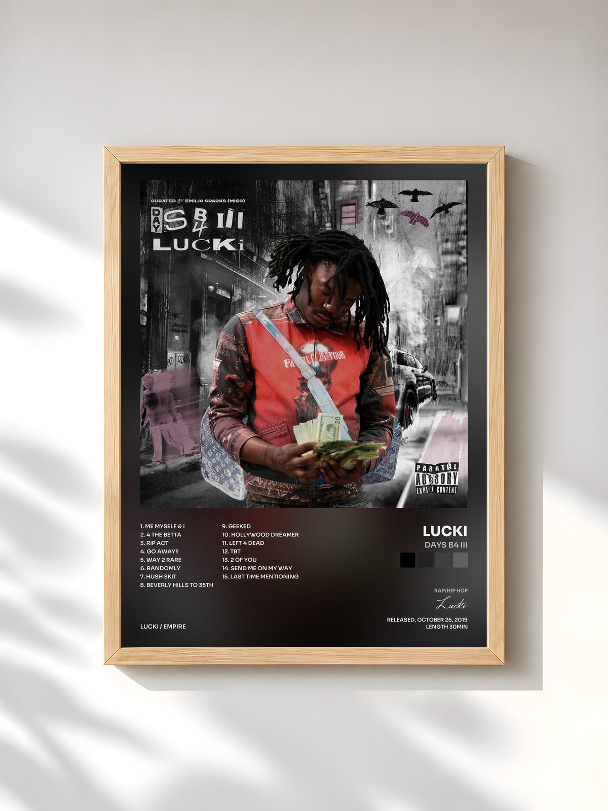 #bois Tableau de l'album Days B4 III de Lucki, cadre en bois brut, imprimé et encadré en France