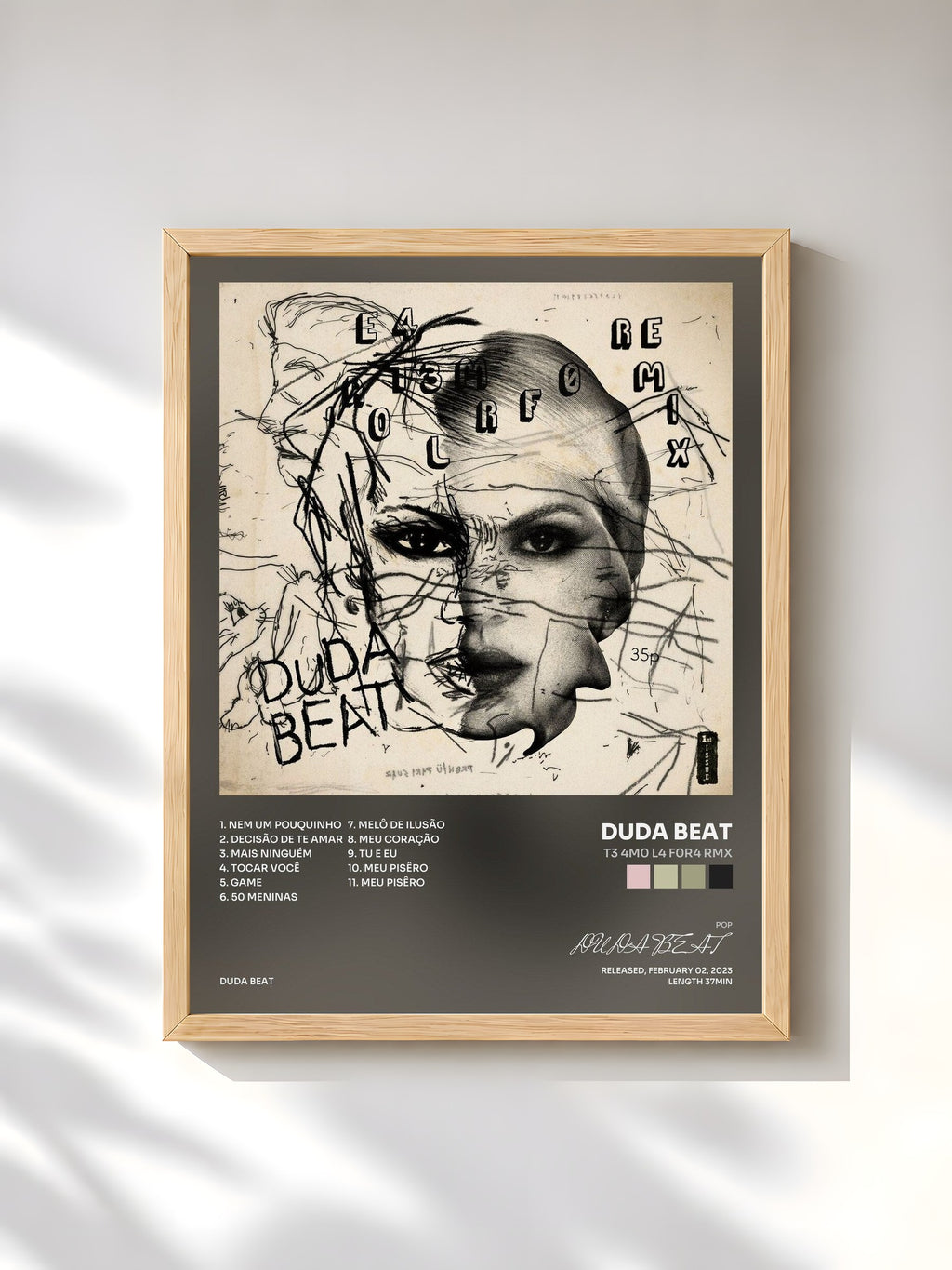 #bois Tableau de l'album T3 4M0 L4 F0R4 RMX de DUDA BEAT, cadre en bois brut, imprimé et encadré en France