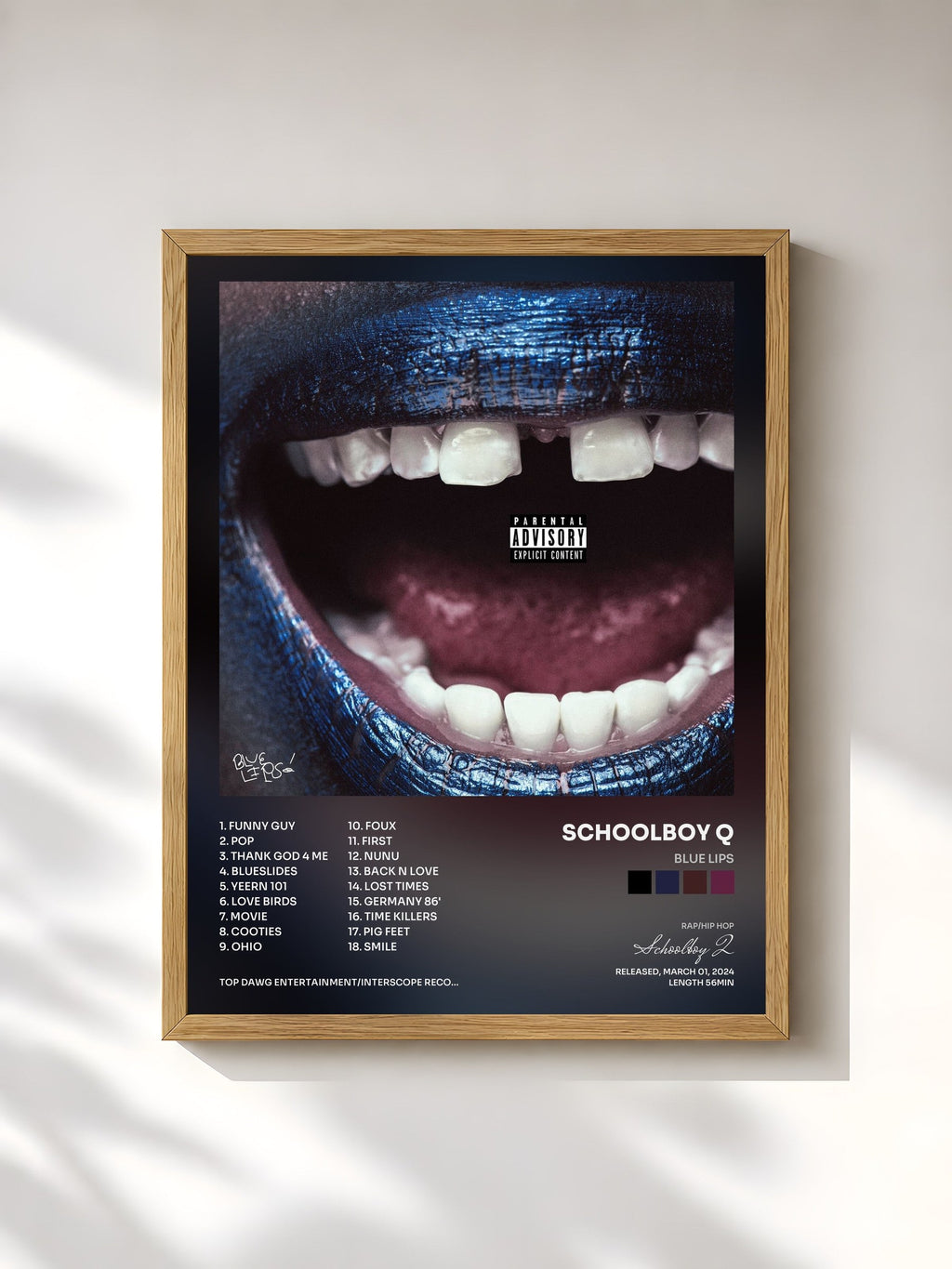 #bois Tableau de l'album BLUE LIPS de Schoolboy Q, cadre en bois brut, imprimé et encadré en France