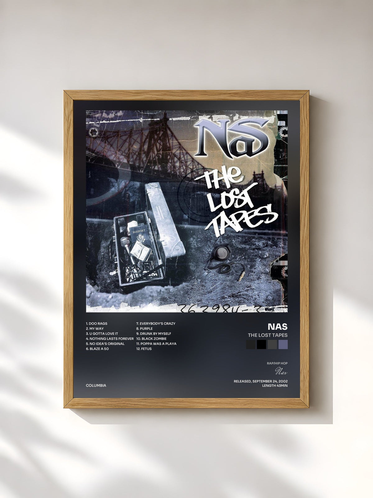 #bois Tableau de l'album The Lost Tapes de Nas, cadre en bois brut, imprimé et encadré en France