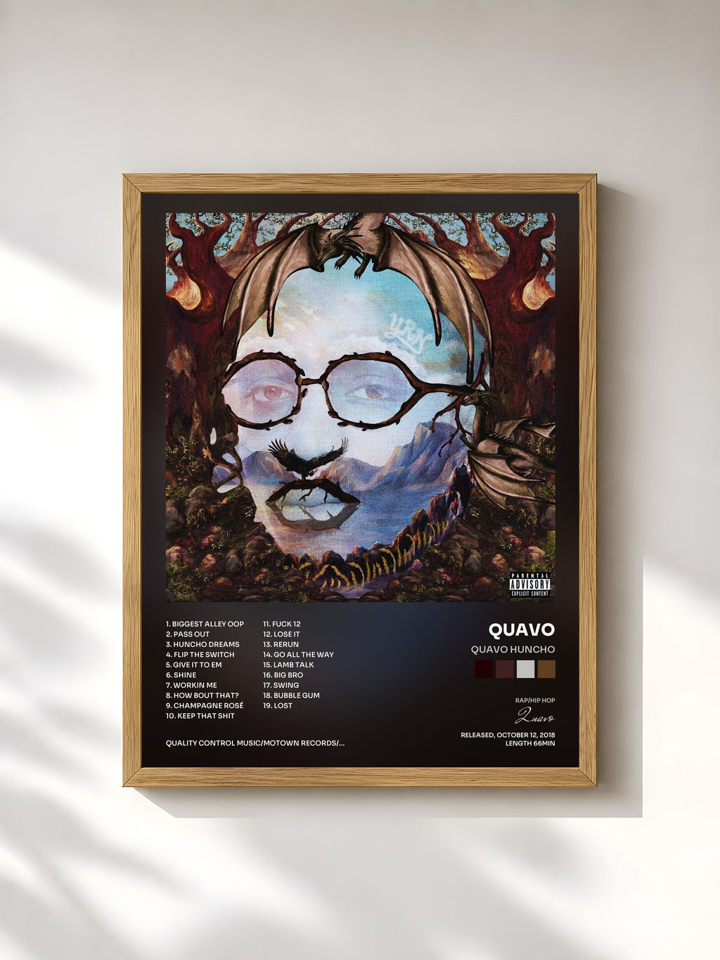 #bois Tableau de l'album QUAVO HUNCHO de Quavo, cadre en bois brut, imprimé et encadré en France