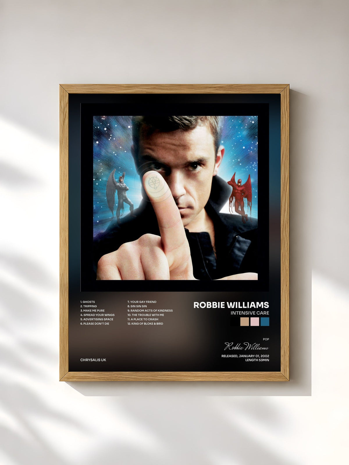 #bois Tableau de l'album Intensive Care de Robbie Williams, cadre en bois brut, imprimé et encadré en France