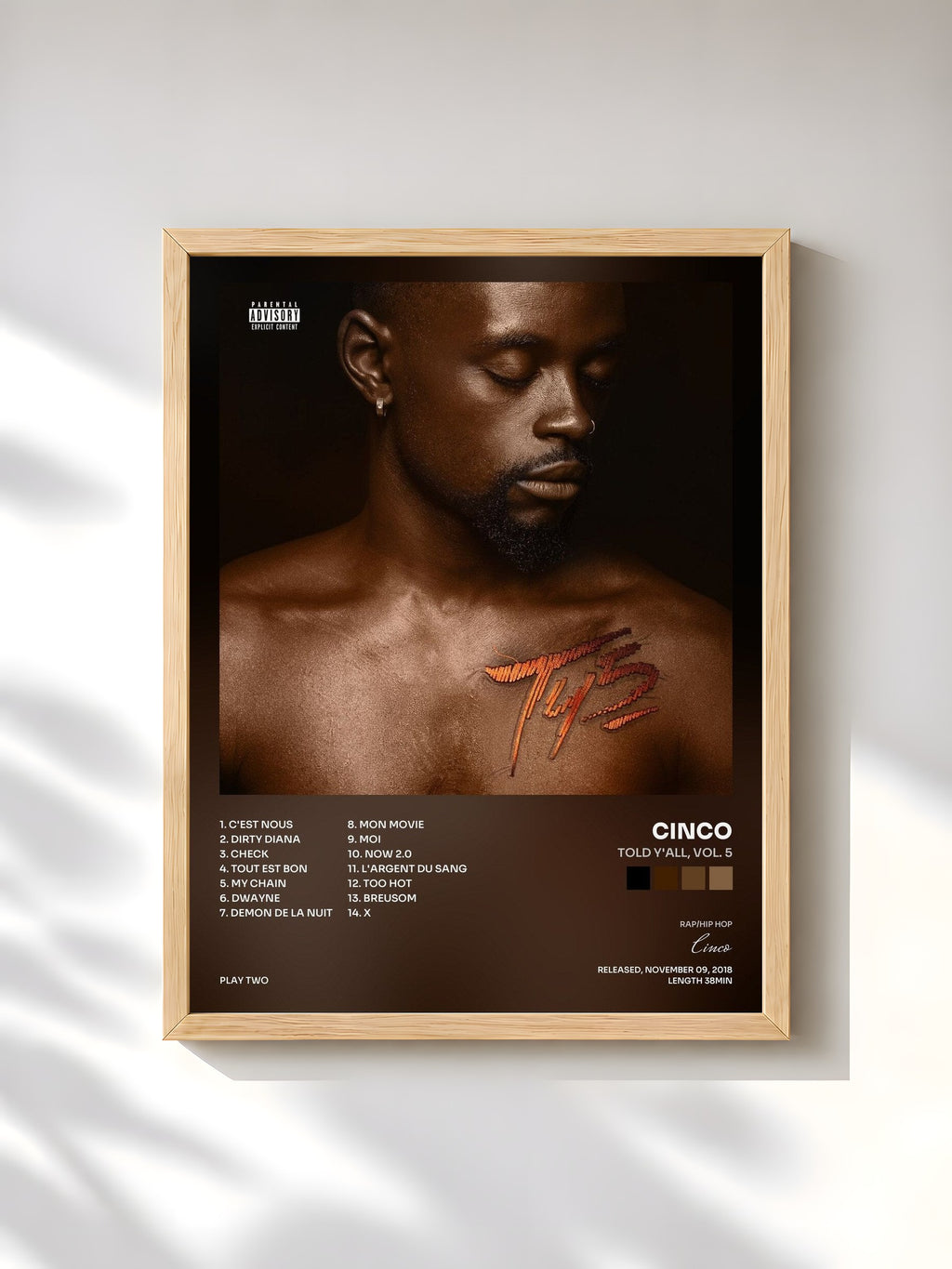 #bois Tableau de l'album Told Y'all, Vol. 5 de Cinco, cadre en bois brut, imprimé et encadré en France