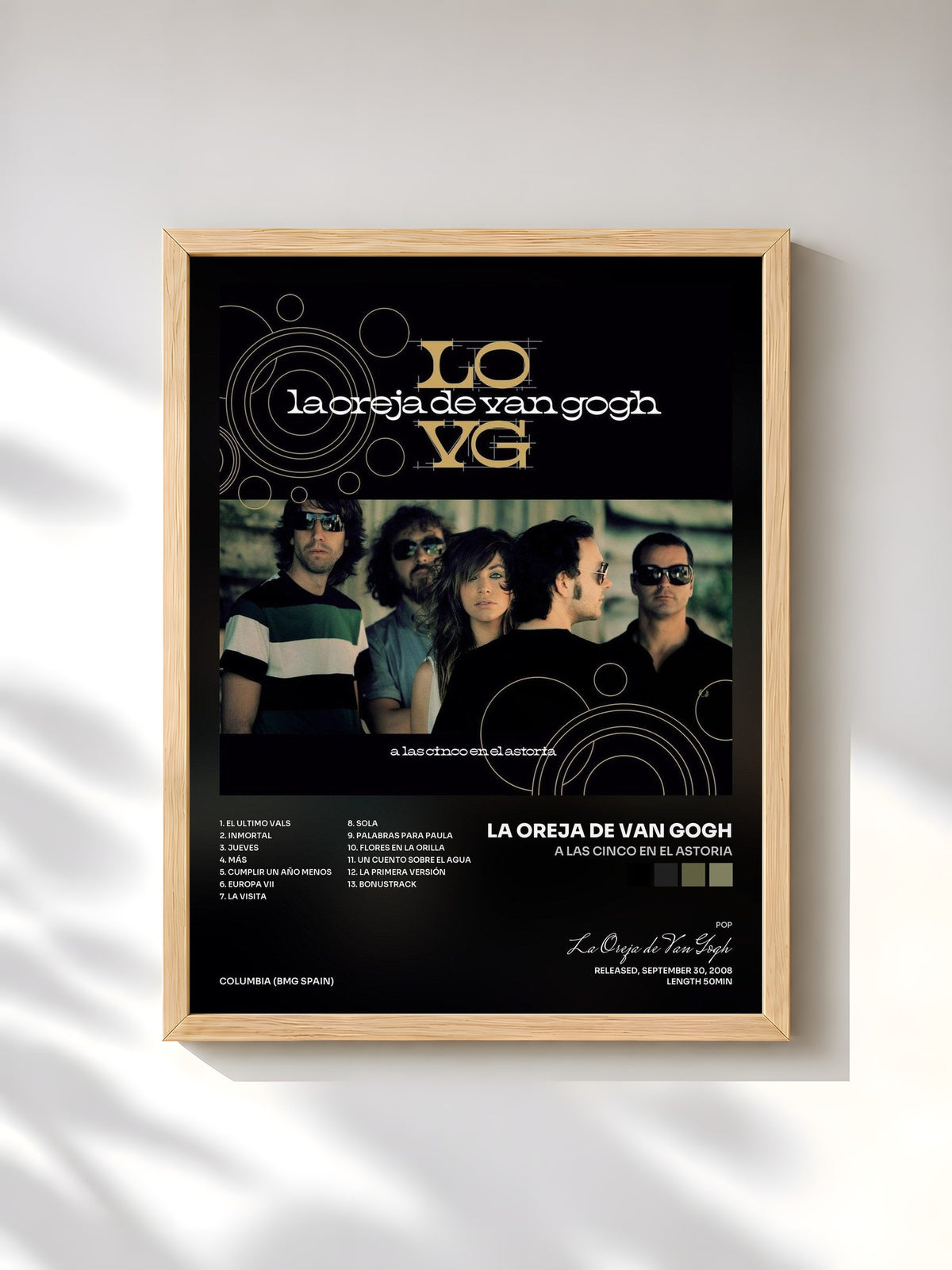 #bois Tableau de l'album A las Cinco en el Astoria de La Oreja de Van Gogh, cadre en bois brut, imprimé et encadré en France