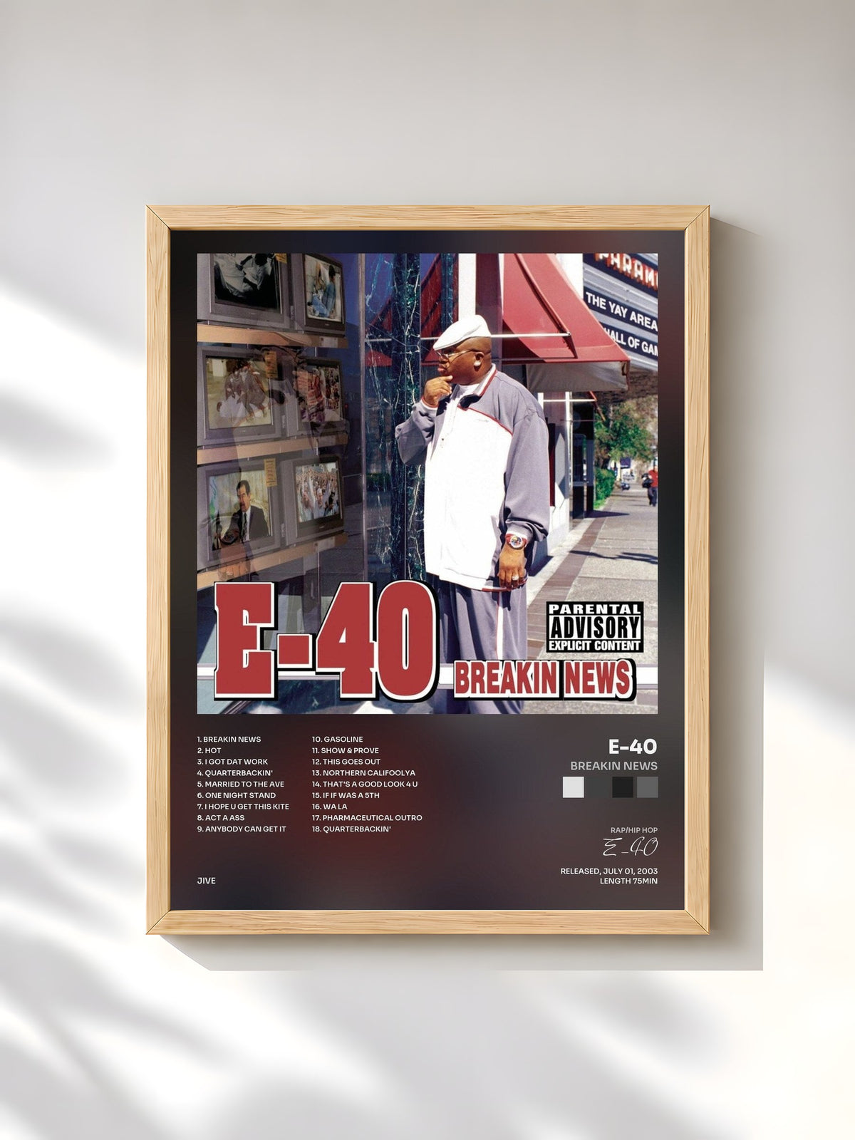 #bois Tableau de l'album Breakin News de E-40, cadre en bois brut, imprimé et encadré en France
