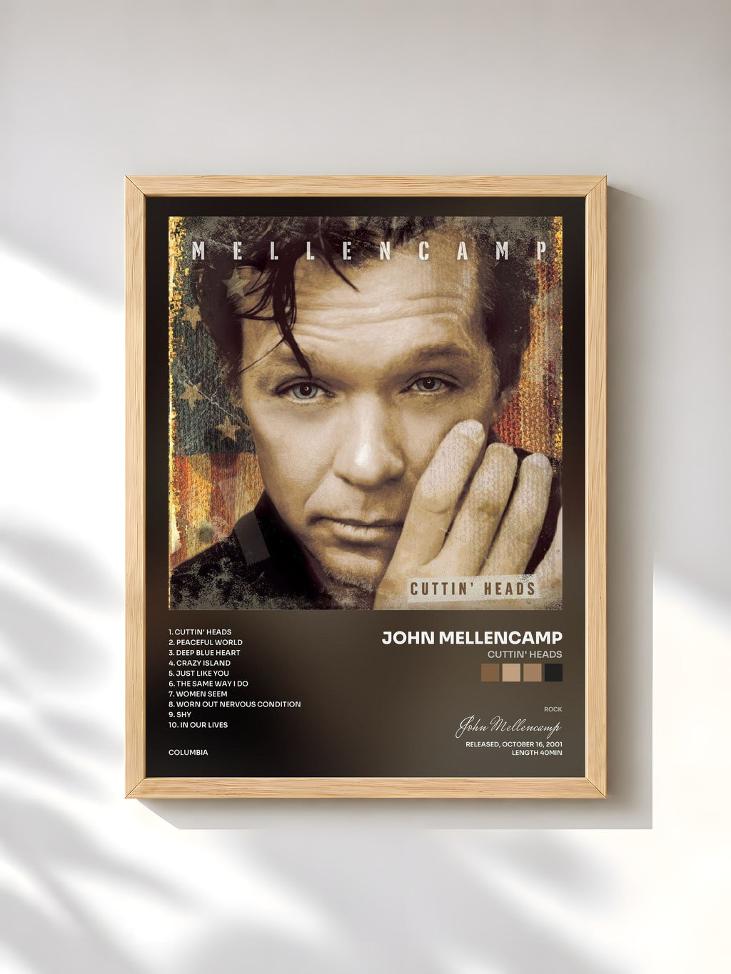 #bois Tableau de l'album Cuttin' Heads de John Mellencamp, cadre en bois brut, imprimé et encadré en France
