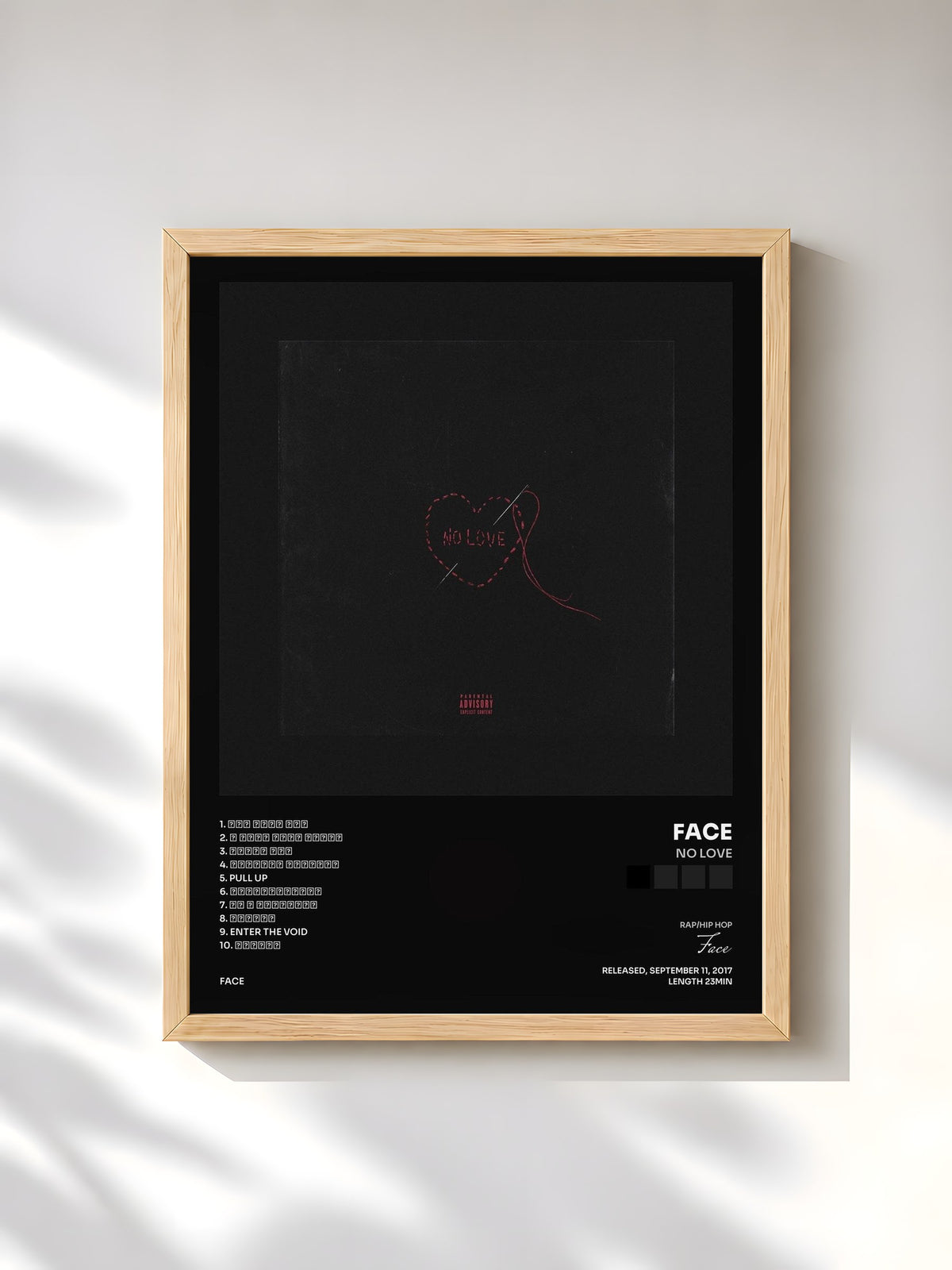 #bois Tableau de l'album NO LOVE de Face, cadre en bois brut, imprimé et encadré en France