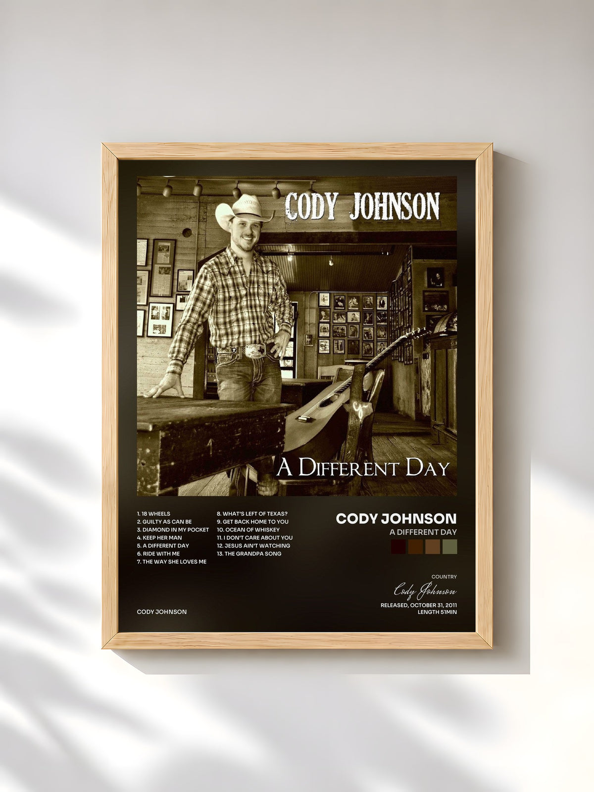 #bois Tableau de l'album A Different Day de Cody Johnson, cadre en bois brut, imprimé et encadré en France