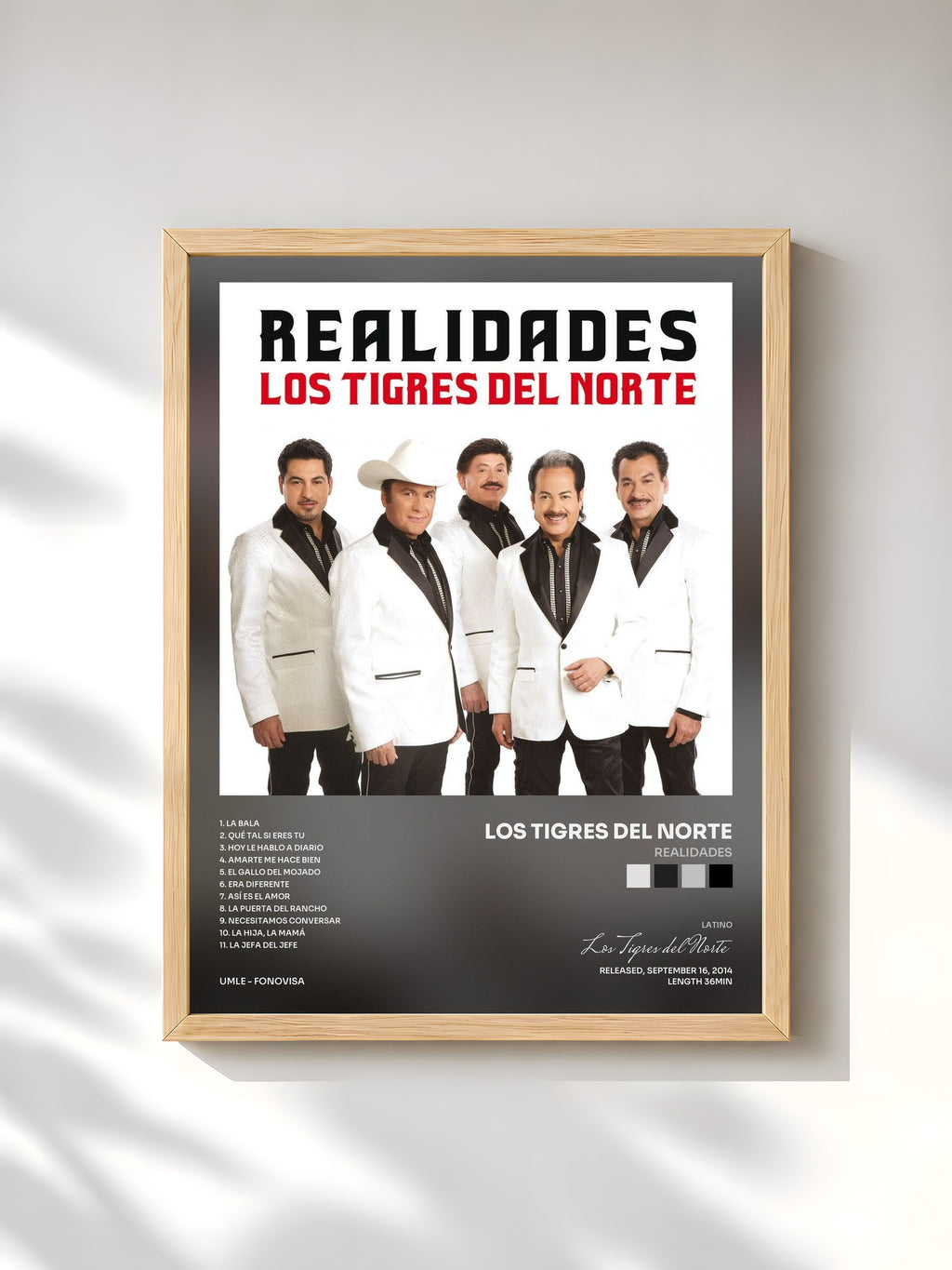#bois Tableau de l'album Realidades de Los Tigres del Norte, cadre en bois brut, imprimé et encadré en France