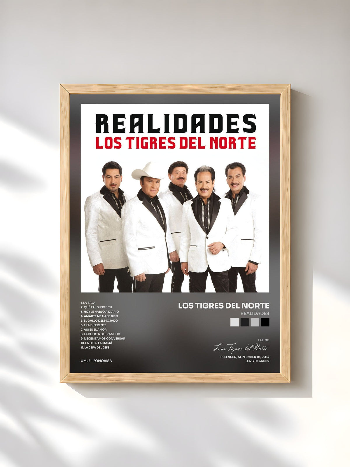 #bois Tableau de l'album Realidades de Los Tigres del Norte, cadre en bois brut, imprimé et encadré en France