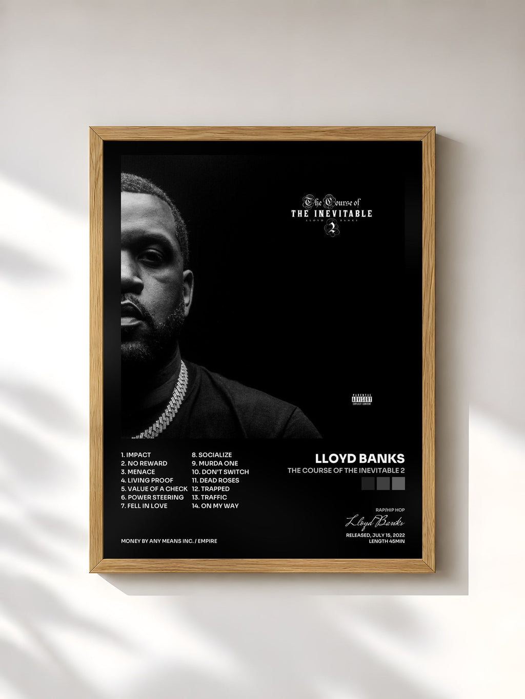 #bois Tableau de l'album The Course of the Inevitable 2 de Lloyd Banks, cadre en bois brut, imprimé et encadré en France