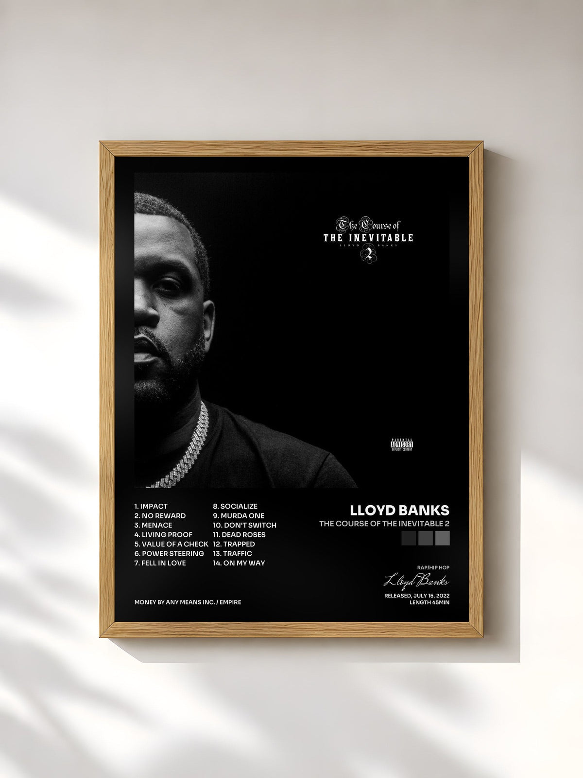 #bois Tableau de l'album The Course of the Inevitable 2 de Lloyd Banks, cadre en bois brut, imprimé et encadré en France