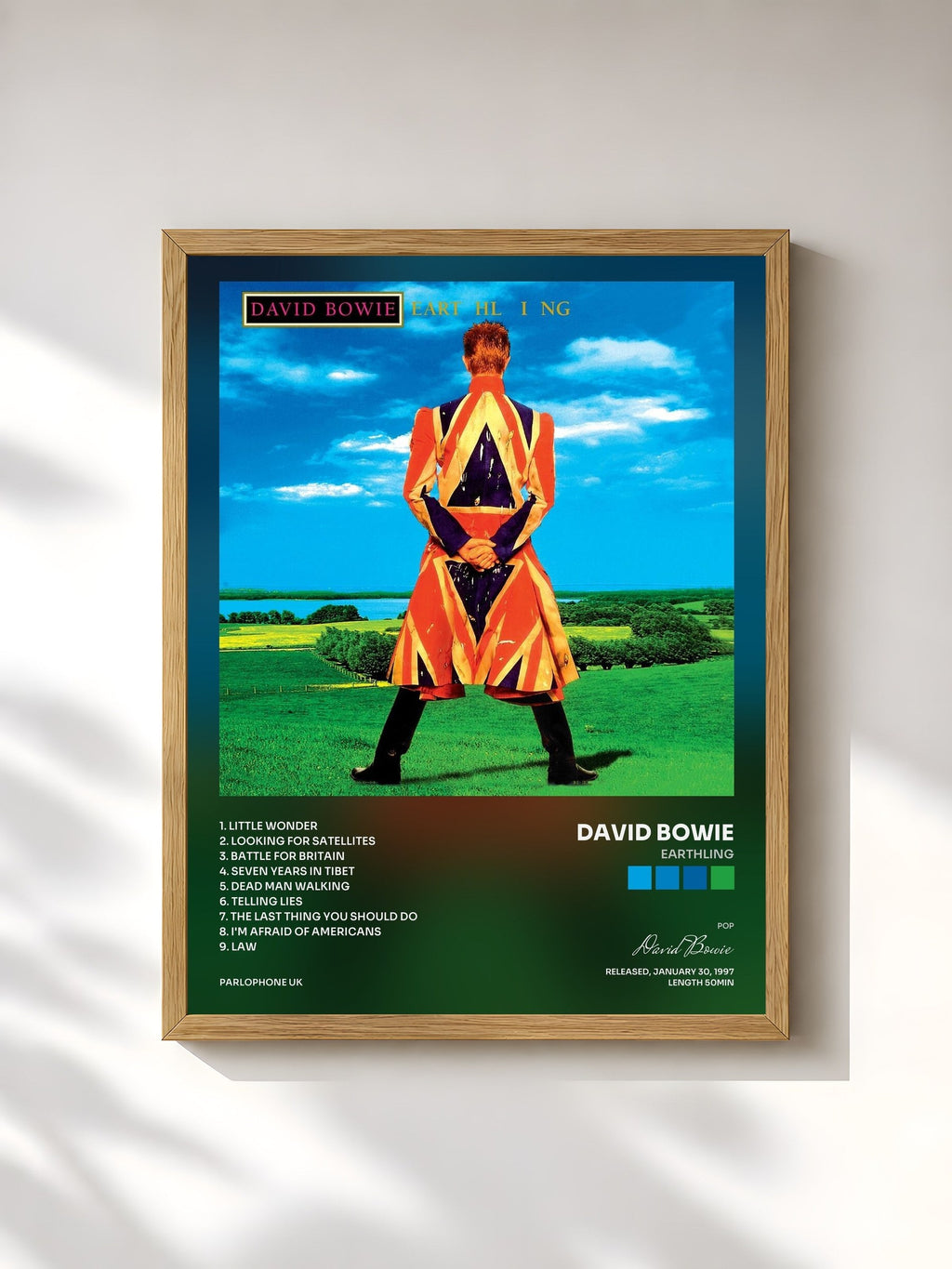 #bois Tableau de l'album Earthling de David Bowie, cadre en bois brut, imprimé et encadré en France