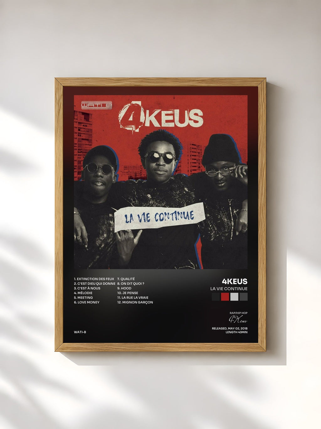 #bois Tableau de l'album La vie continue de 4Keus, cadre en bois brut, imprimé et encadré en France