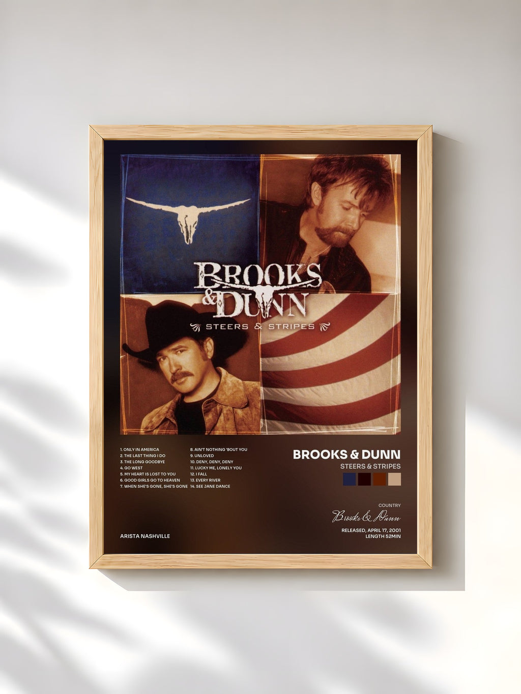 #bois Tableau de l'album Steers & Stripes de Brooks & Dunn, cadre en bois brut, imprimé et encadré en France