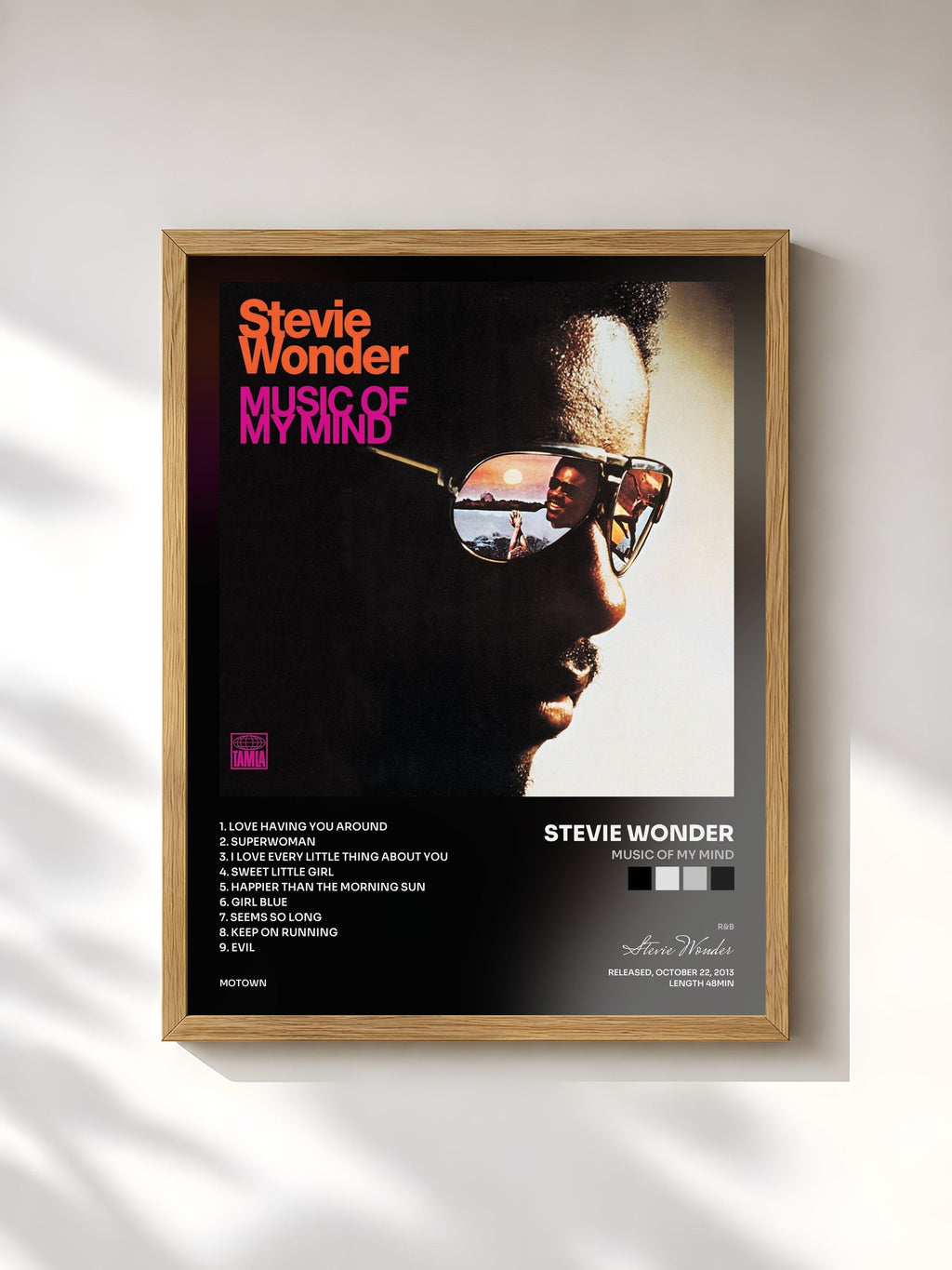 #bois Tableau de l'album Music Of My Mind de Stevie Wonder, cadre en bois brut, imprimé et encadré en France