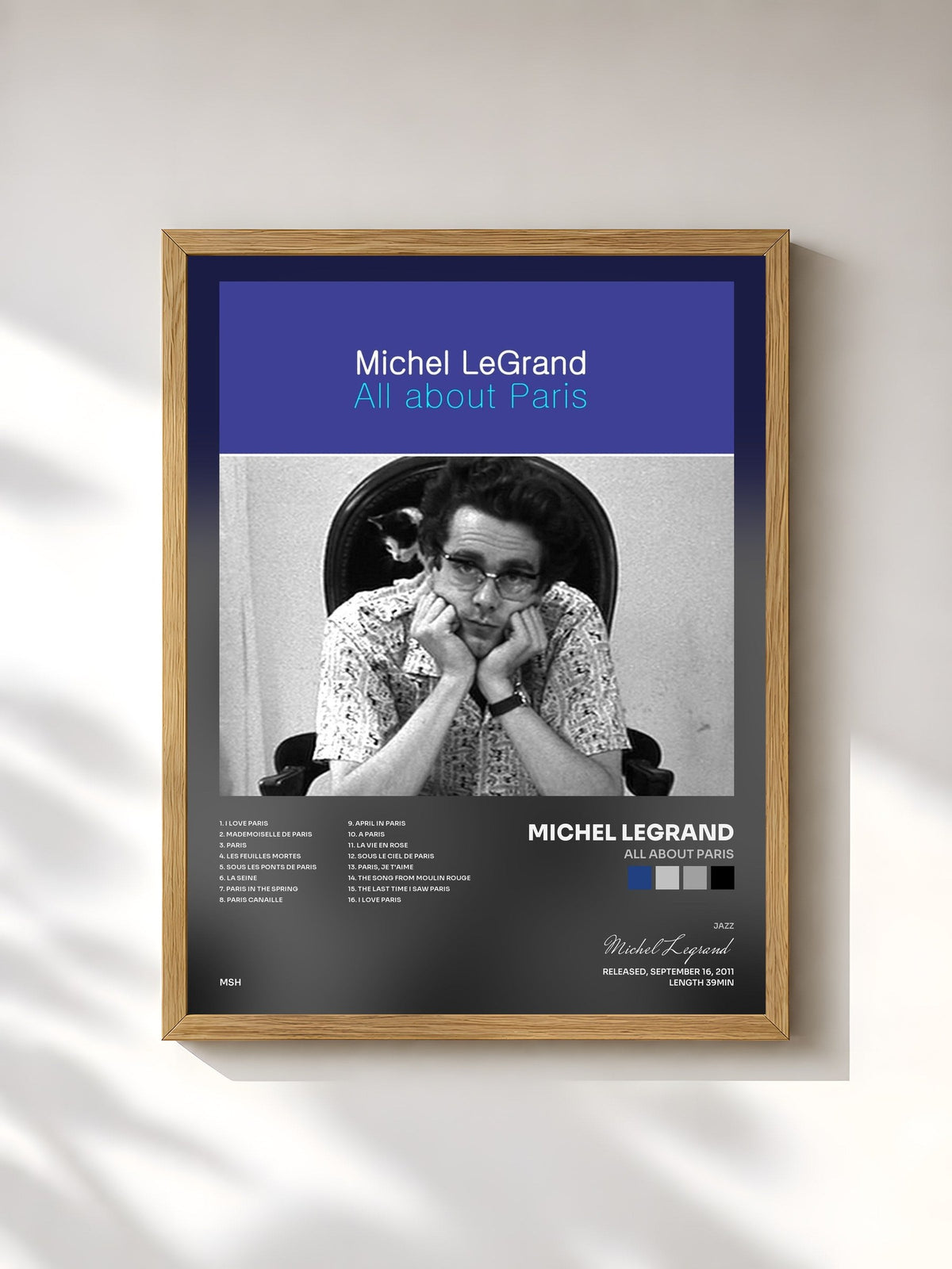 #bois Tableau de l'album All About Paris de Michel Legrand, cadre en bois brut, imprimé et encadré en France