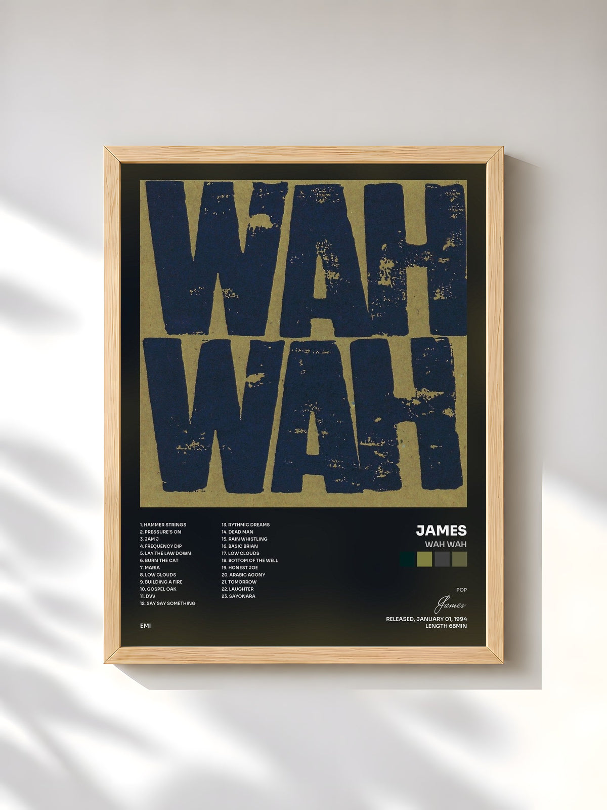 #bois Tableau de l'album Wah Wah de James, cadre en bois brut, imprimé et encadré en France