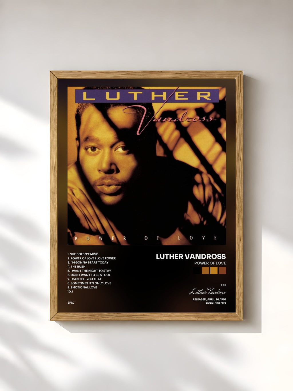 #bois Tableau de l'album Power Of Love de Luther Vandross, cadre en bois brut, imprimé et encadré en France