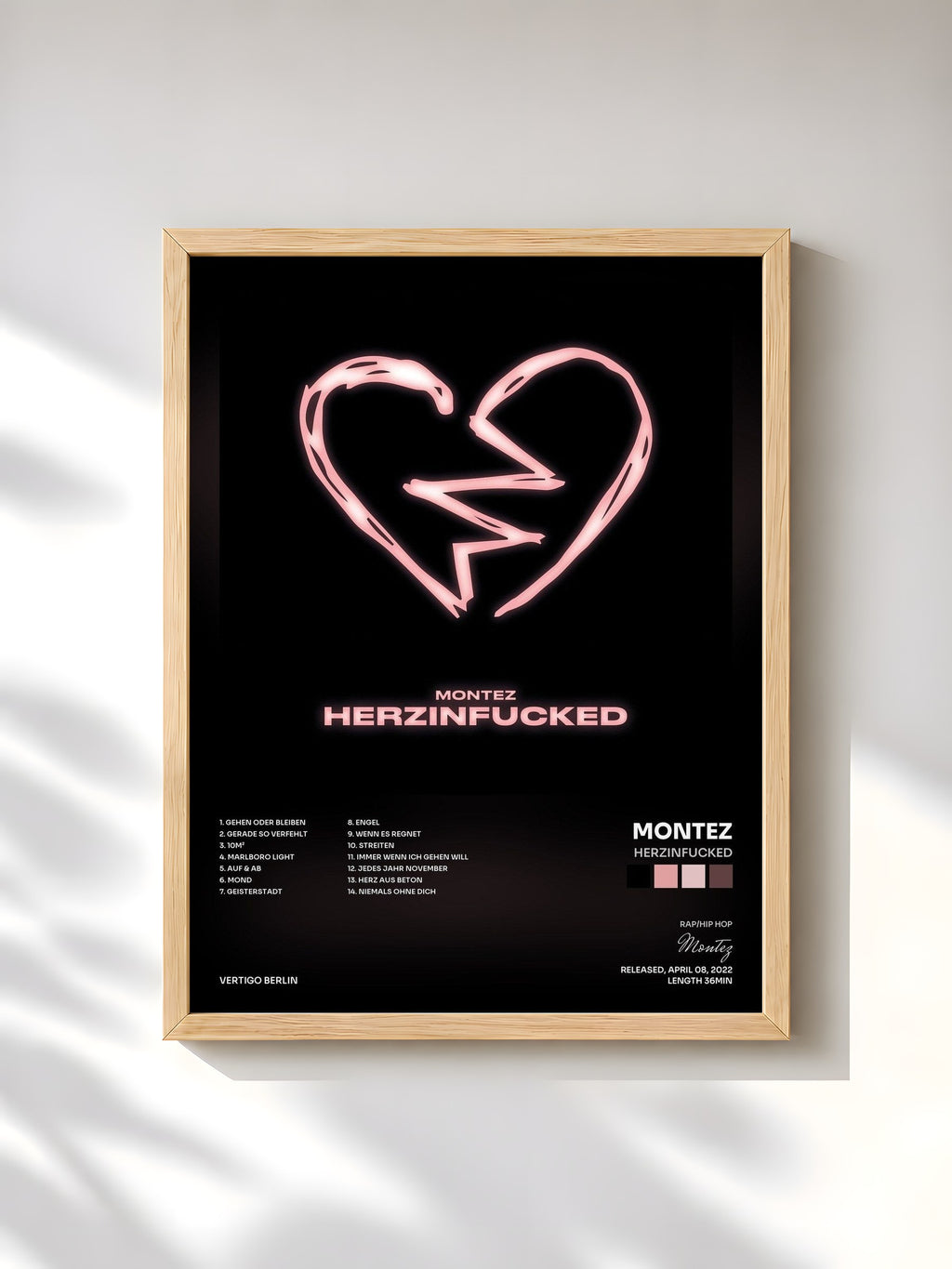 #bois Tableau de l'album HERZINFUCKED de Montez, cadre en bois brut, imprimé et encadré en France