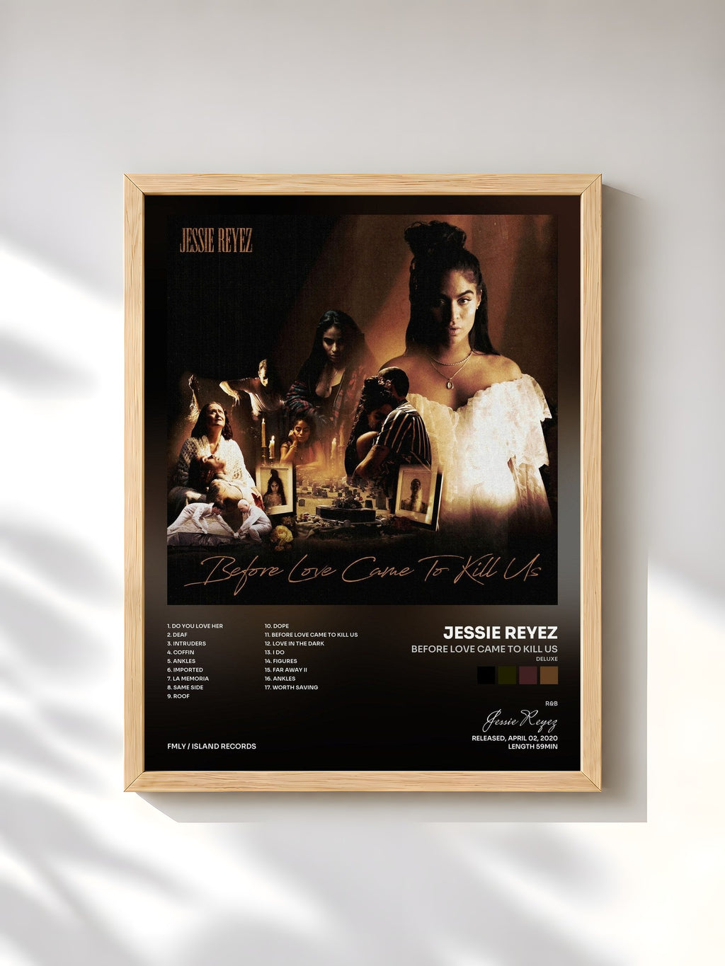 #bois Tableau de l'album BEFORE LOVE CAME TO KILL US (Deluxe) de Jessie Reyez, cadre en bois brut, imprimé et encadré en France