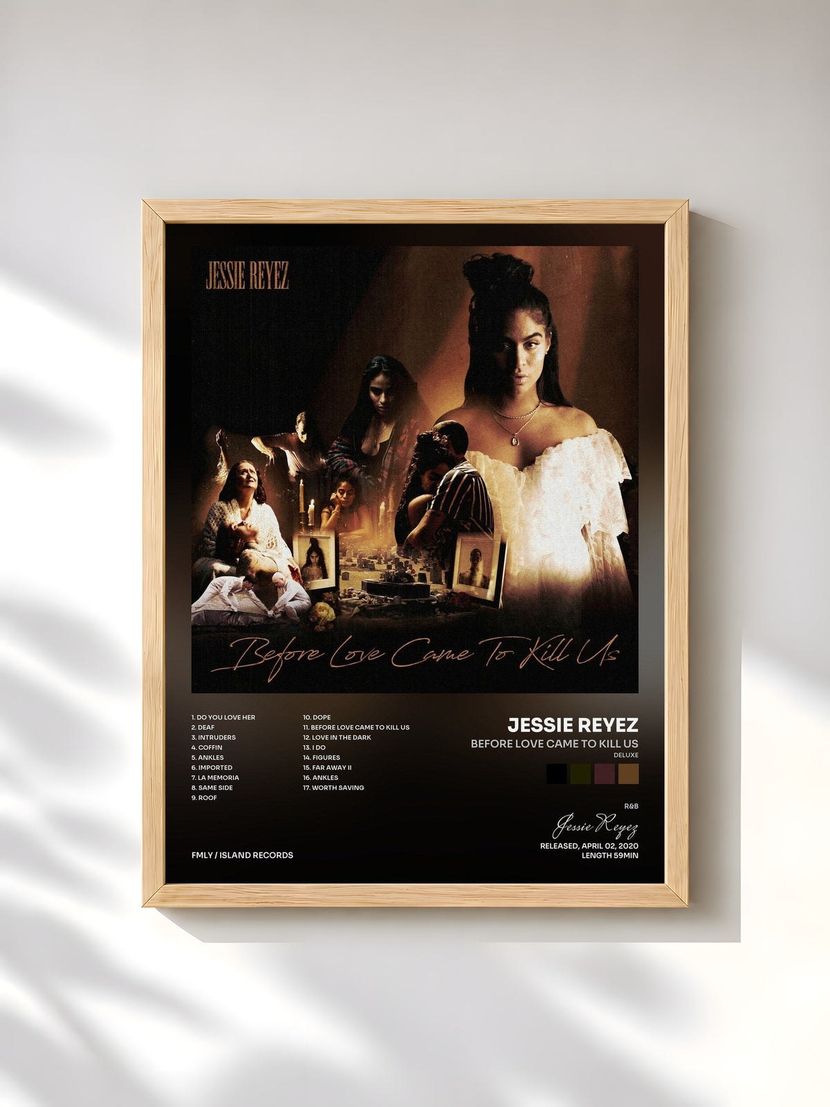 #bois Tableau de l'album BEFORE LOVE CAME TO KILL US (Deluxe) de Jessie Reyez, cadre en bois brut, imprimé et encadré en France