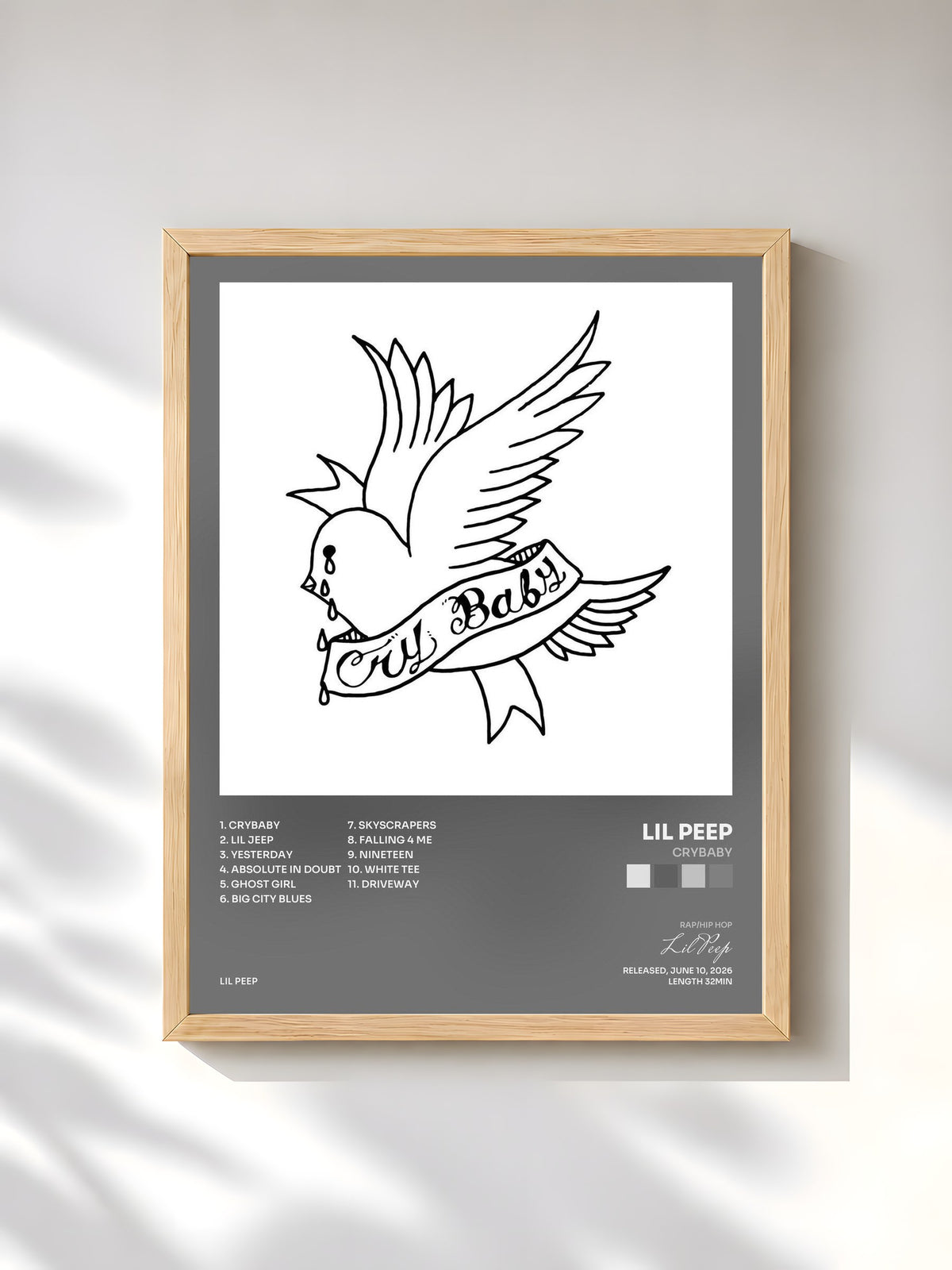 #bois Tableau de l'album crybaby de Lil Peep, cadre en bois brut, imprimé et encadré en France