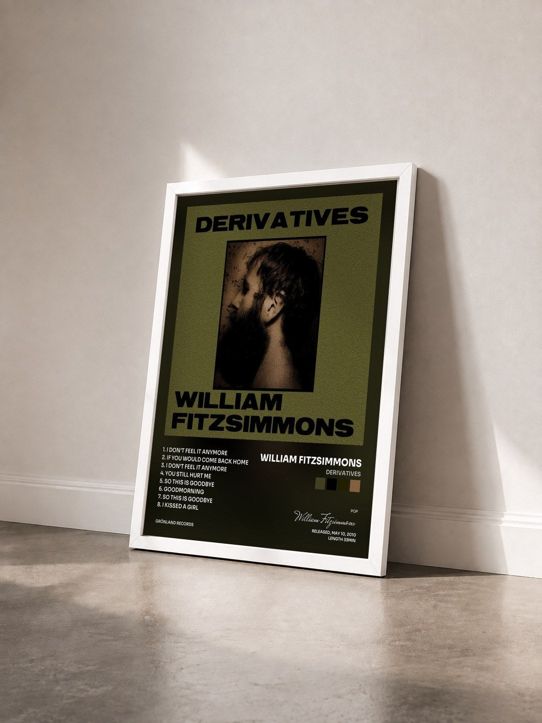 #blanc Tableau de l'album Derivatives de William Fitzsimmons vu de trois quarts, cadre blanc