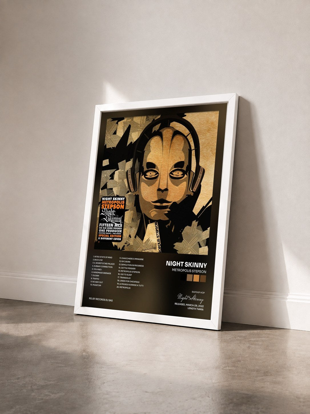 #blanc Tableau de l'album Metropolis Stepson de Night Skinny vu de trois quarts, cadre blanc