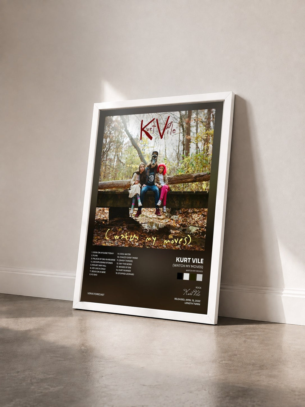 #blanc Tableau de l'album (watch my moves) de Kurt Vile vu de trois quarts, cadre blanc