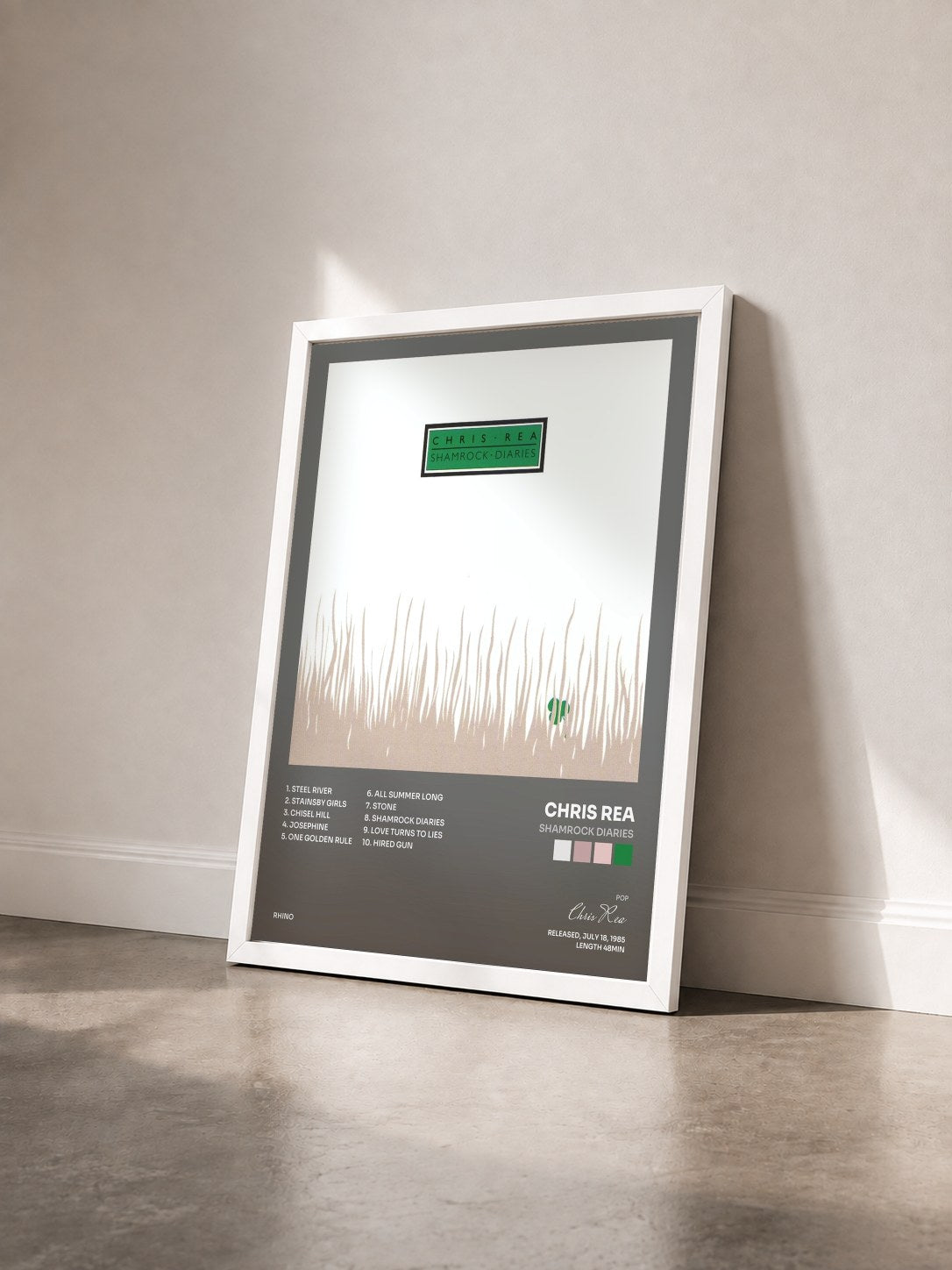 #blanc Tableau de l'album Shamrock Diaries de Chris Rea vu de trois quarts, cadre blanc