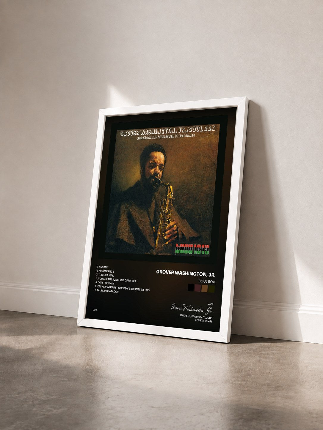 #blanc Tableau de l'album Soul Box de Grover Washington, Jr. vu de trois quarts, cadre blanc