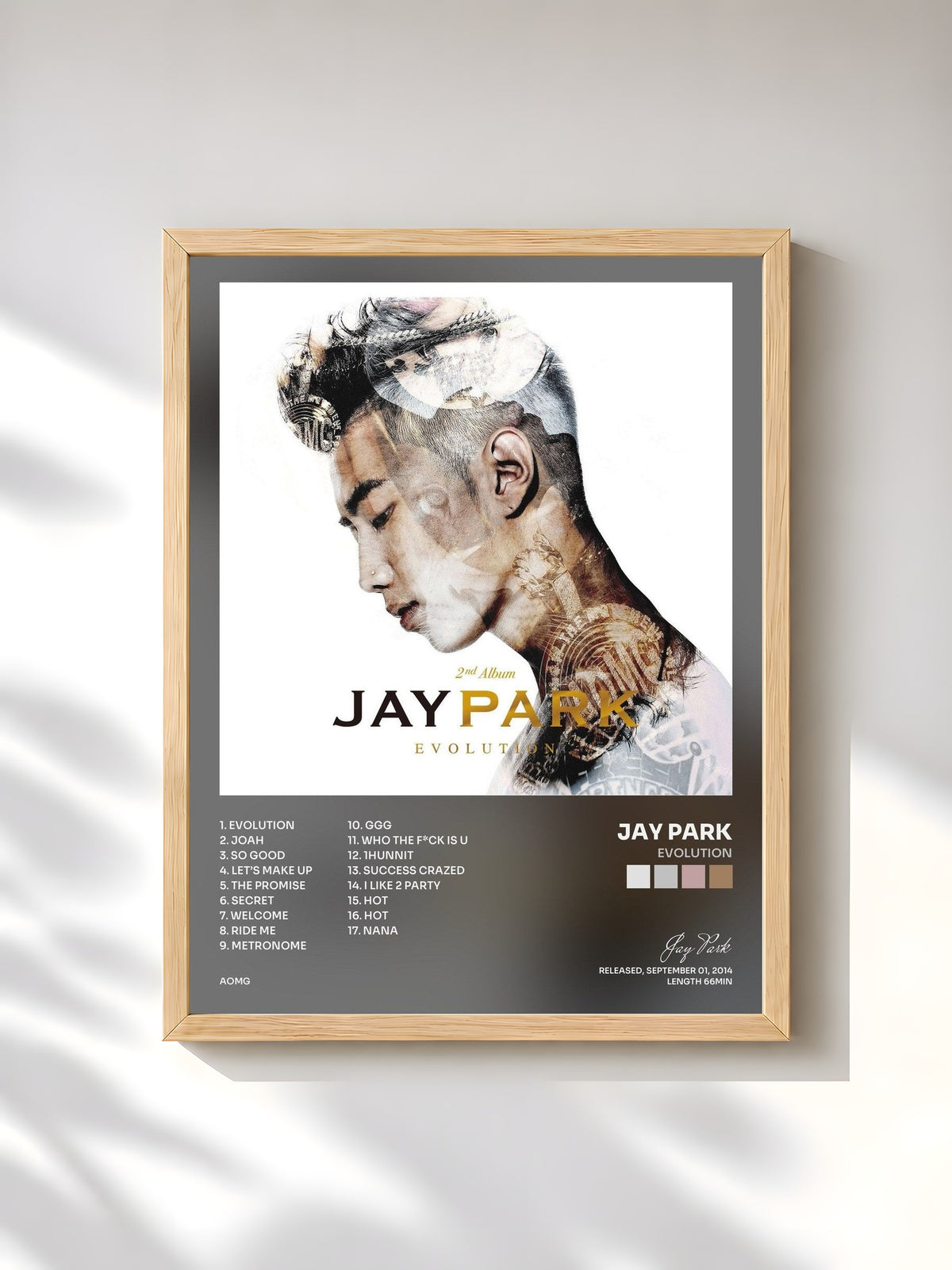 #bois Tableau de l'album EVOLUTION de Jay Park, cadre en bois brut, imprimé et encadré en France