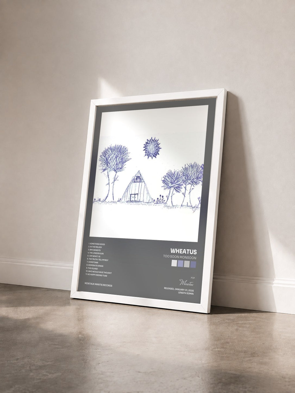 #blanc Tableau de l'album Too Soon Monsoon de Wheatus vu de trois quarts, cadre blanc