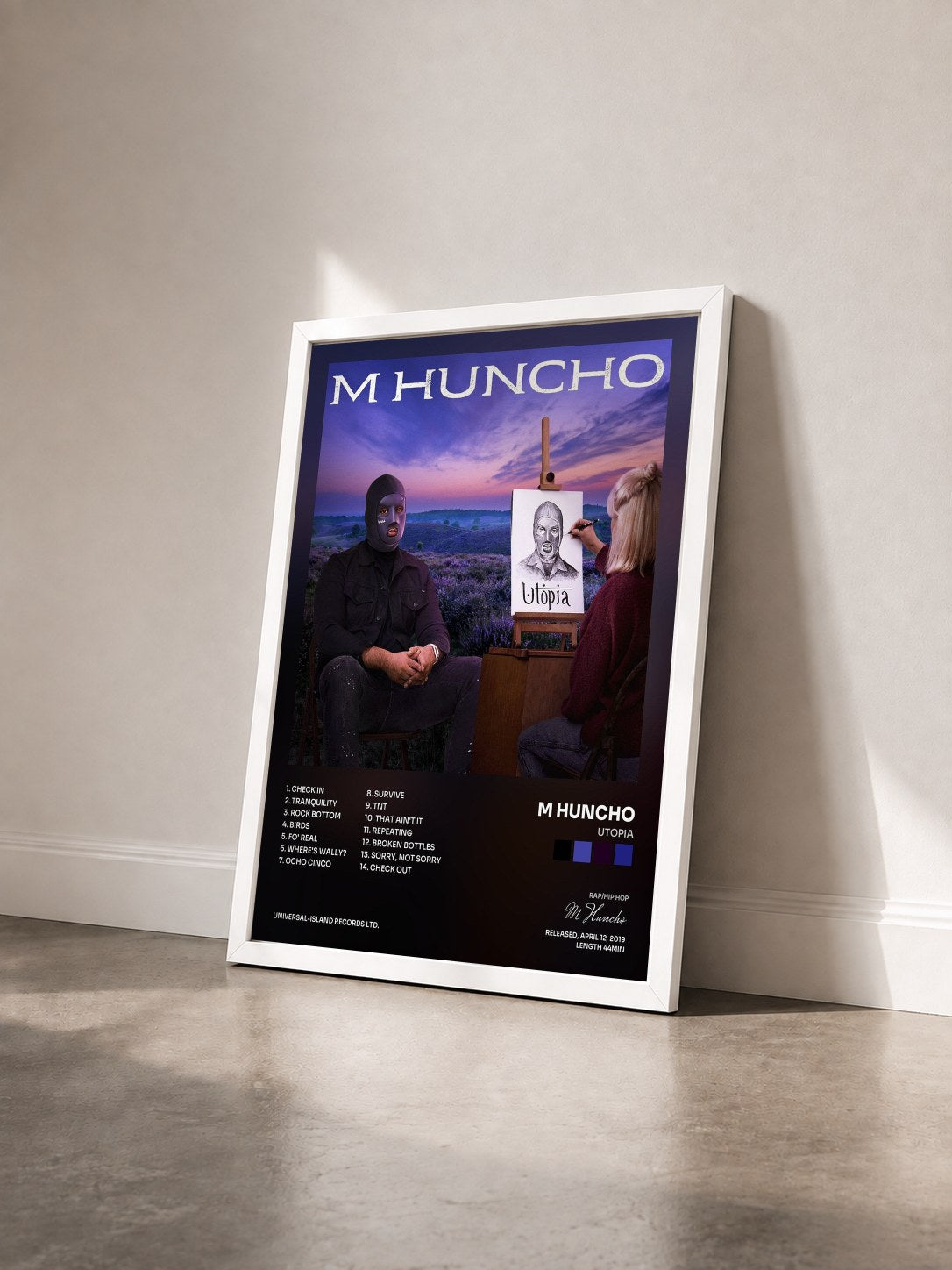 #blanc Tableau de l'album Utopia de M Huncho vu de trois quarts, cadre blanc