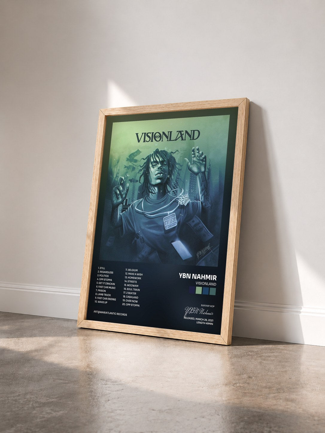 #bois Tableau de l'album VISIONLAND de YBN Nahmir vu de trois quarts, cadre en bois brut