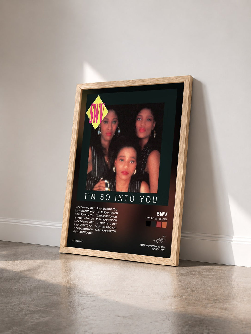 #bois Tableau de l'album I'm So Into You de SWV vu de trois quarts, cadre en bois brut