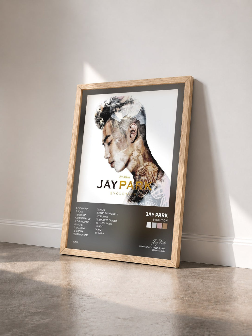 #bois Tableau de l'album EVOLUTION de Jay Park vu de trois quarts, cadre en bois brut