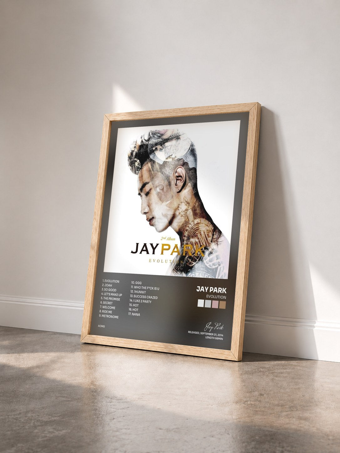 #bois Tableau de l'album EVOLUTION de Jay Park vu de trois quarts, cadre en bois brut