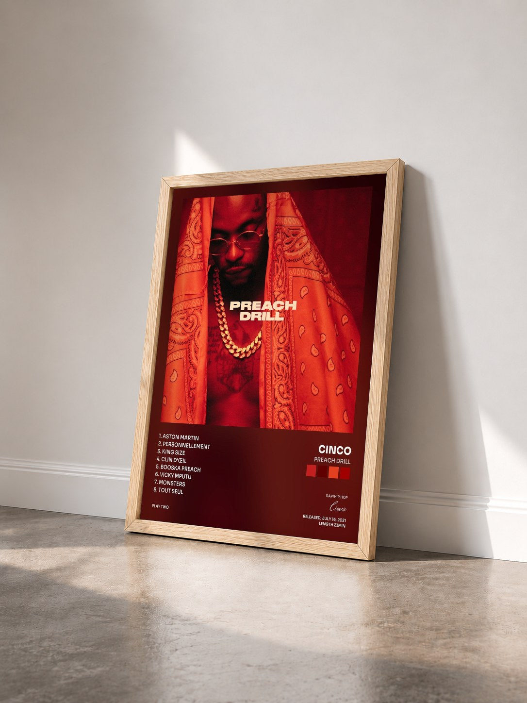 #bois Tableau de l'album Preach Drill de Cinco vu de trois quarts, cadre en bois brut