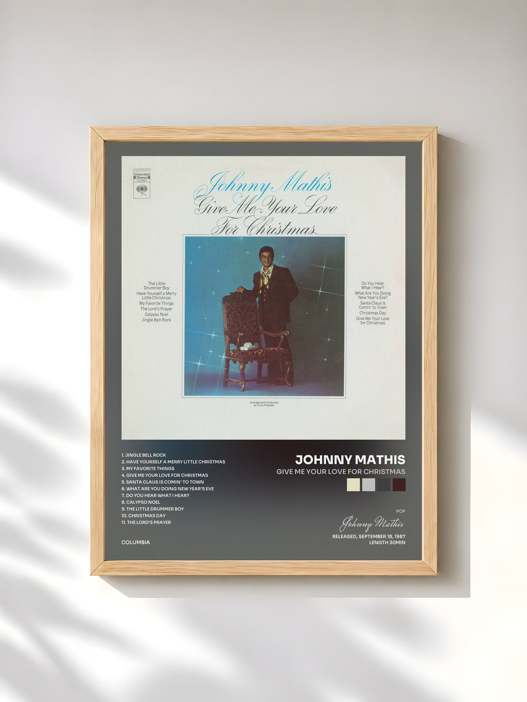 #bois Tableau de l'album Give Me Your Love For Christmas de Johnny Mathis, cadre en bois brut, imprimé et encadré en France