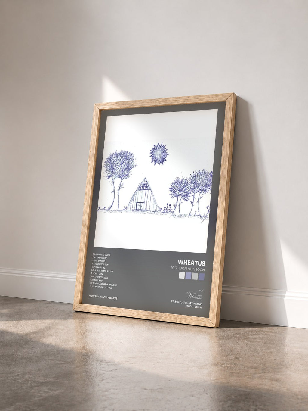 #bois Tableau de l'album Too Soon Monsoon de Wheatus vu de trois quarts, cadre en bois brut