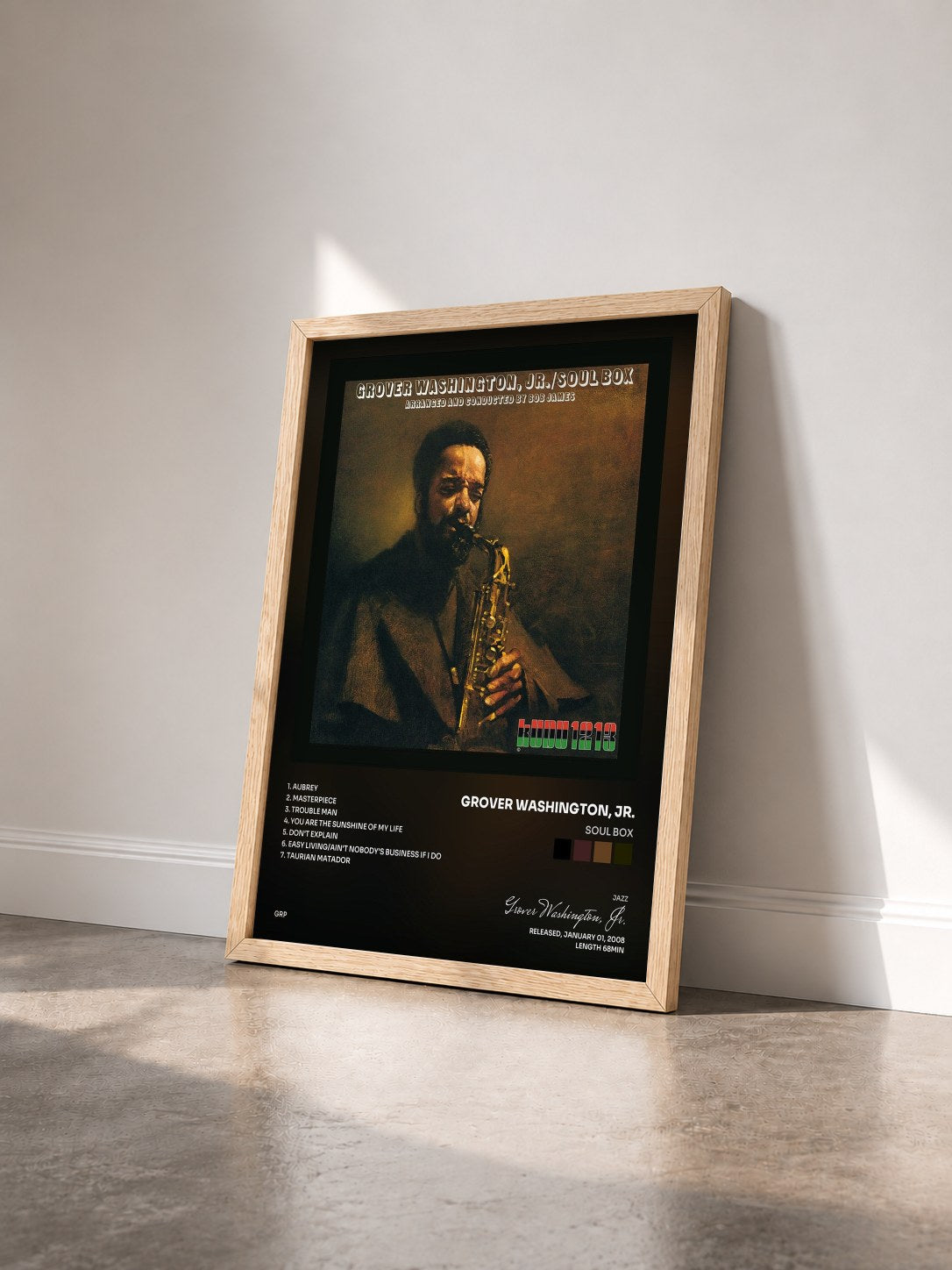 #bois Tableau de l'album Soul Box de Grover Washington, Jr. vu de trois quarts, cadre en bois brut
