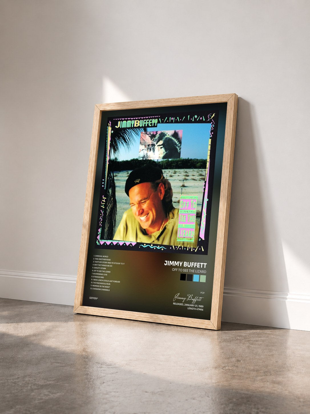 #bois Tableau de l'album Off To See The Lizard de Jimmy Buffett vu de trois quarts, cadre en bois brut
