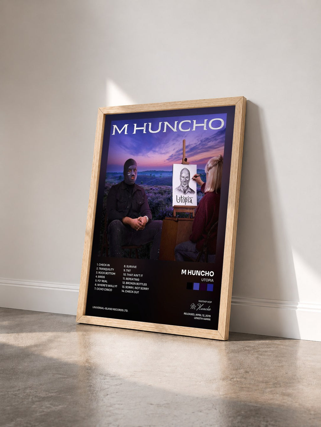 #bois Tableau de l'album Utopia de M Huncho vu de trois quarts, cadre en bois brut