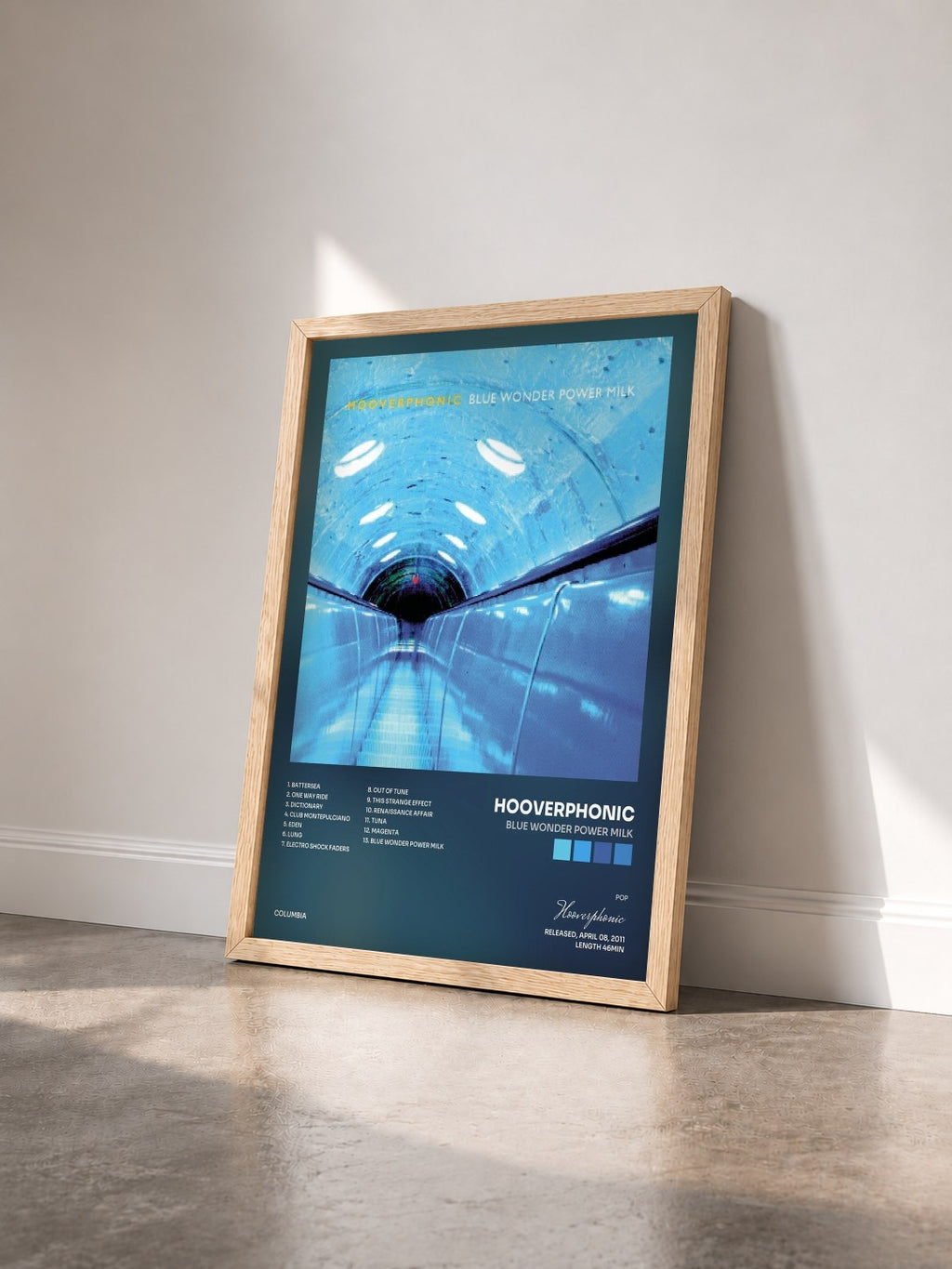 #bois Tableau de l'album Blue Wonder Power Milk de Hooverphonic vu de trois quarts, cadre en bois brut