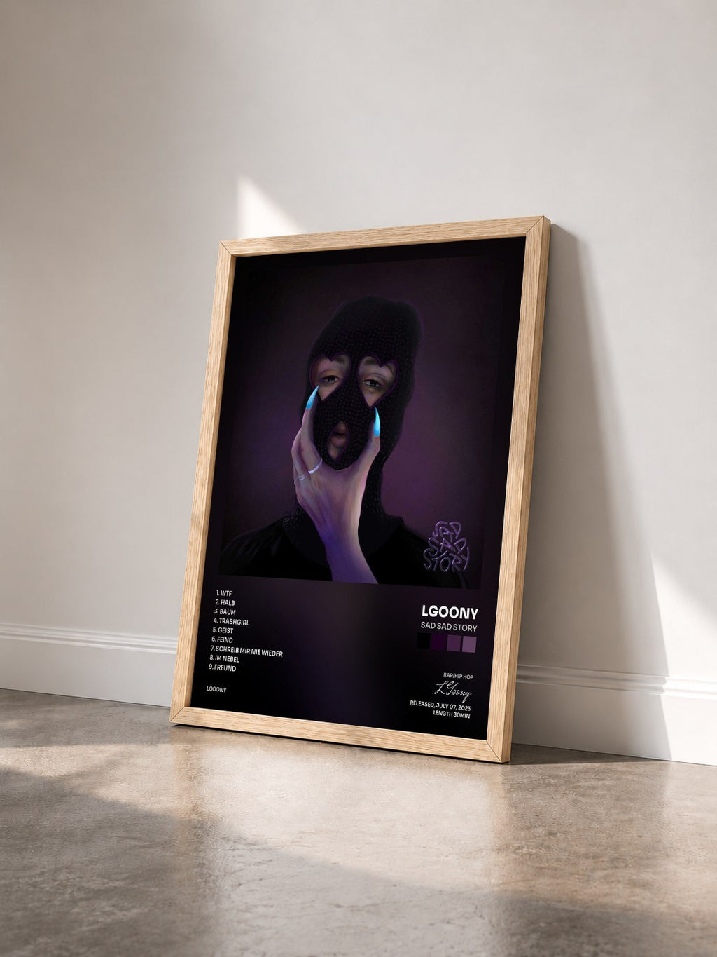 #bois Tableau de l'album sad sad story de LGoony vu de trois quarts, cadre en bois brut