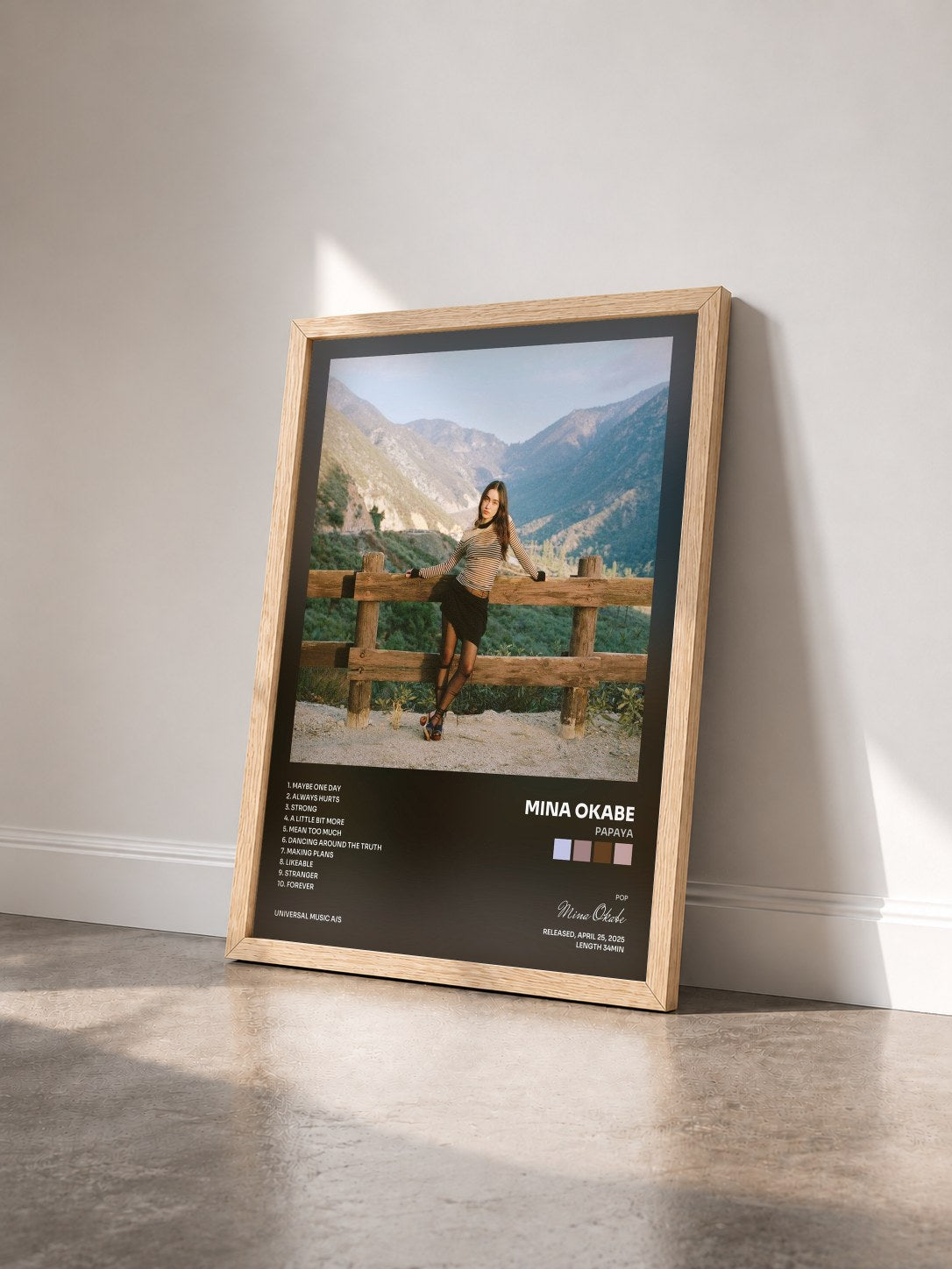 #bois Tableau de l'album Papaya de Mina Okabe vu de trois quarts, cadre en bois brut