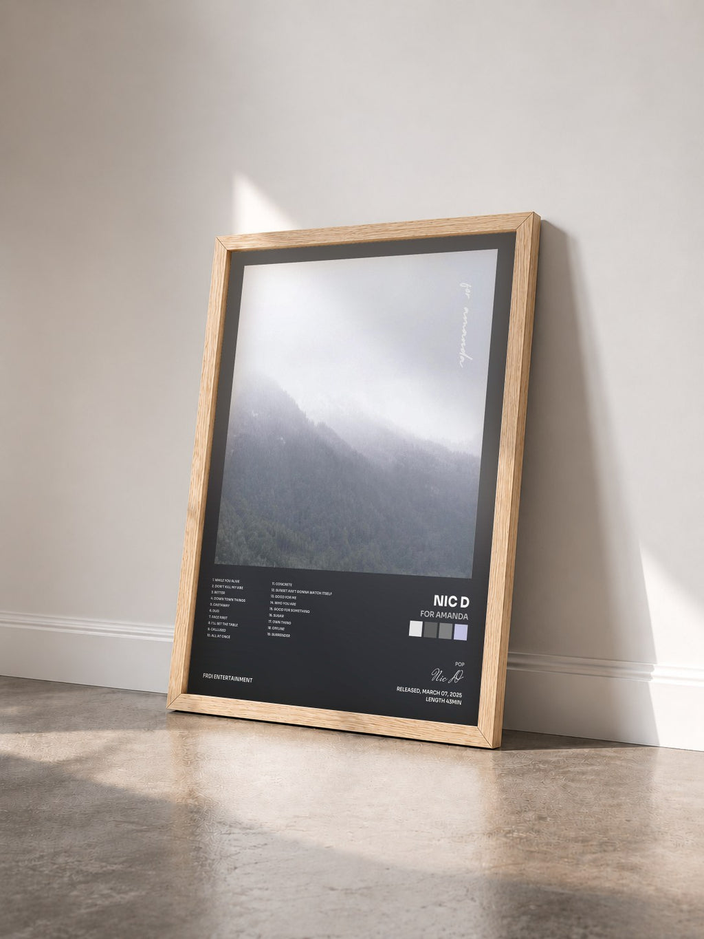#bois Tableau de l'album For Amanda de Nic D vu de trois quarts, cadre en bois brut