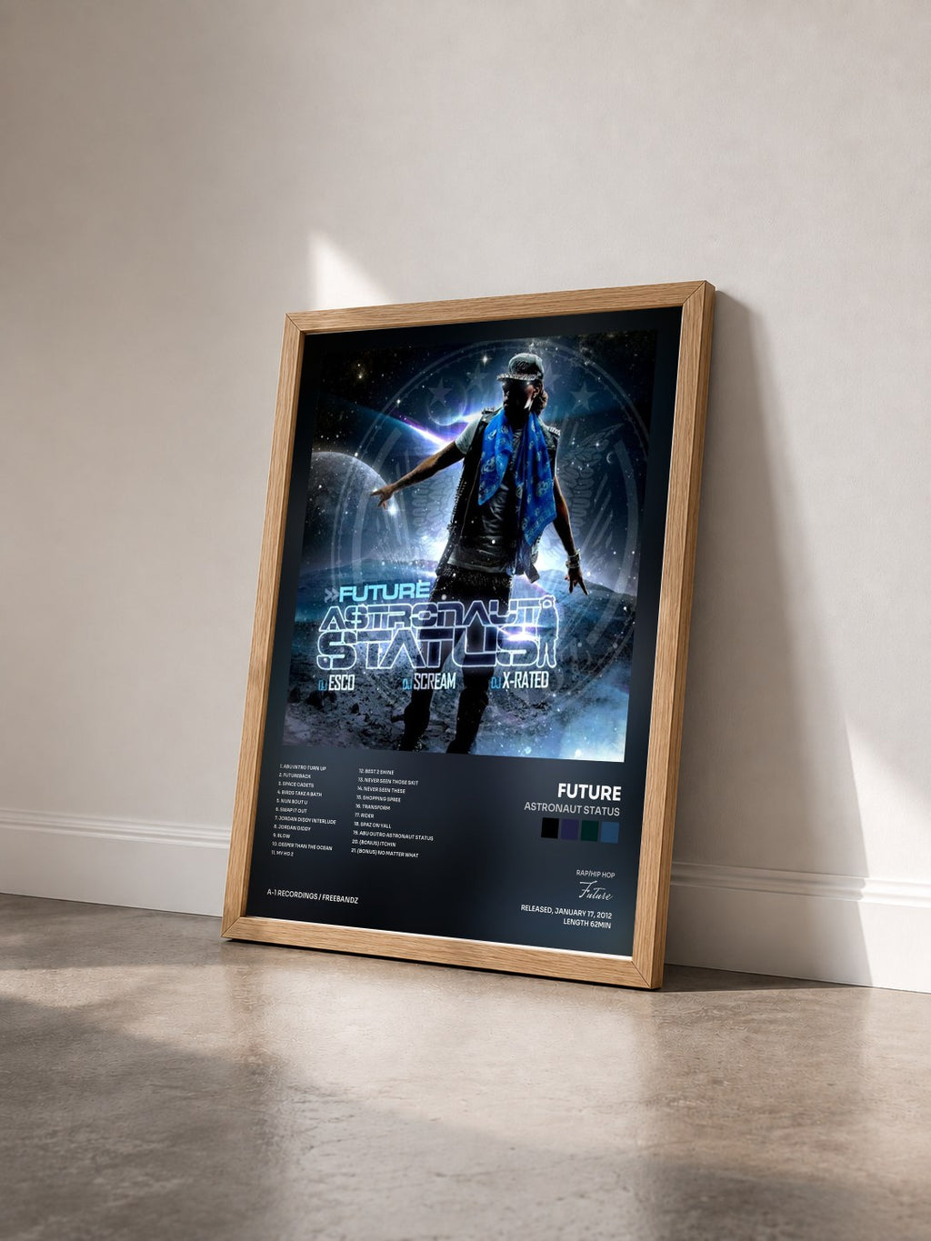 #bois Tableau de l'album Astronaut Status de Future vu de trois quarts, cadre en bois brut